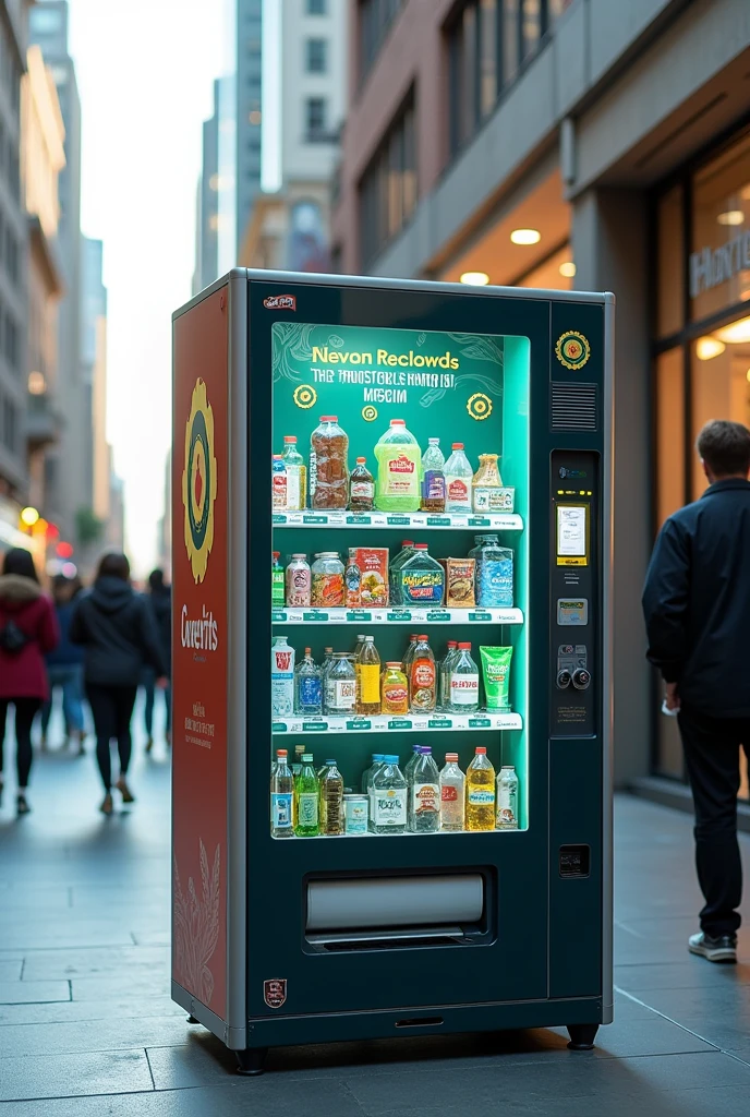 Trash to Cash vending machine device it's a vending machine that turns trash into rewards people can put bottles plastic bags and other valuable things landscape picture