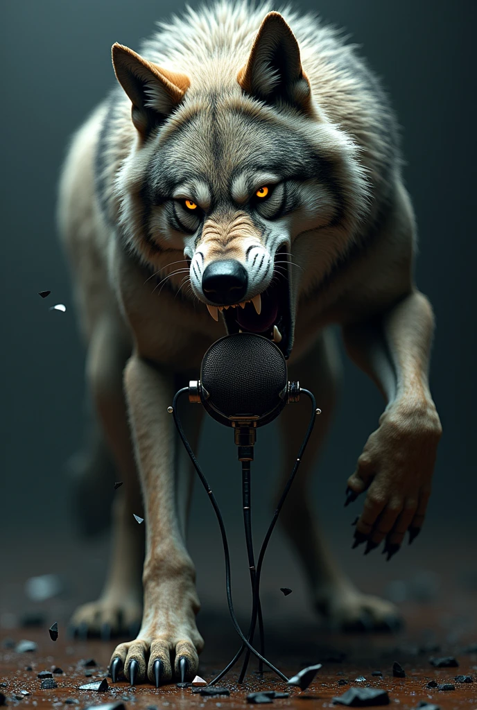Wolf destroying a microphone