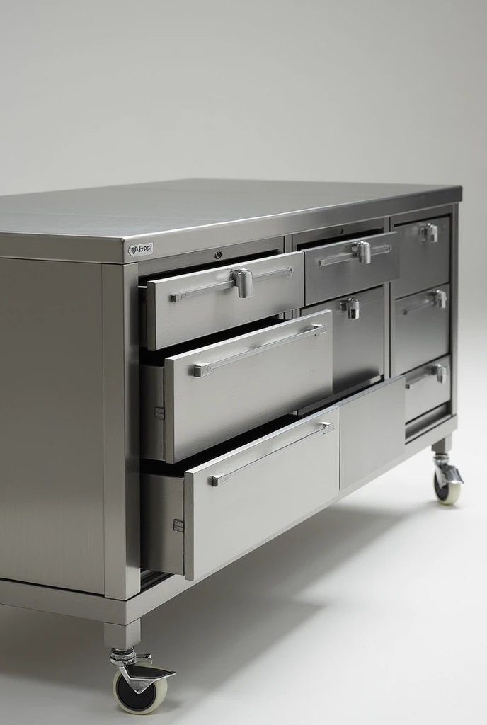A stainless steel table with drawers that use the entire length of the table. The table should have wheels
