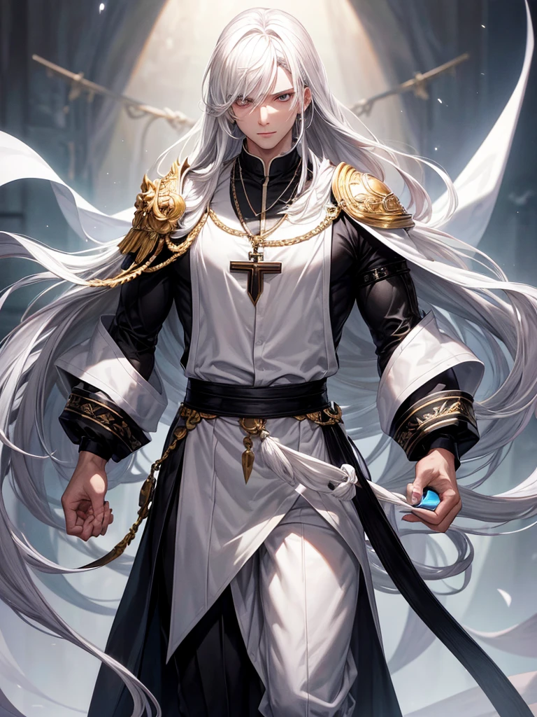 white hair, white eyes, halfBODY, 1male, black shirt,closed mouth, cross, cross necklace, grey eyes, jewelry, looking at viewer, male focus, necklace, priest, long hair, solo, upper body, white background, white eyes, white hair, curtains, ((halfbody)), black pants, black shoes, wide shoulders, white background, manhva male face, face perfect male, 1boy, fantasy clothing, daddy, strong body,STANDING,multiviews 
