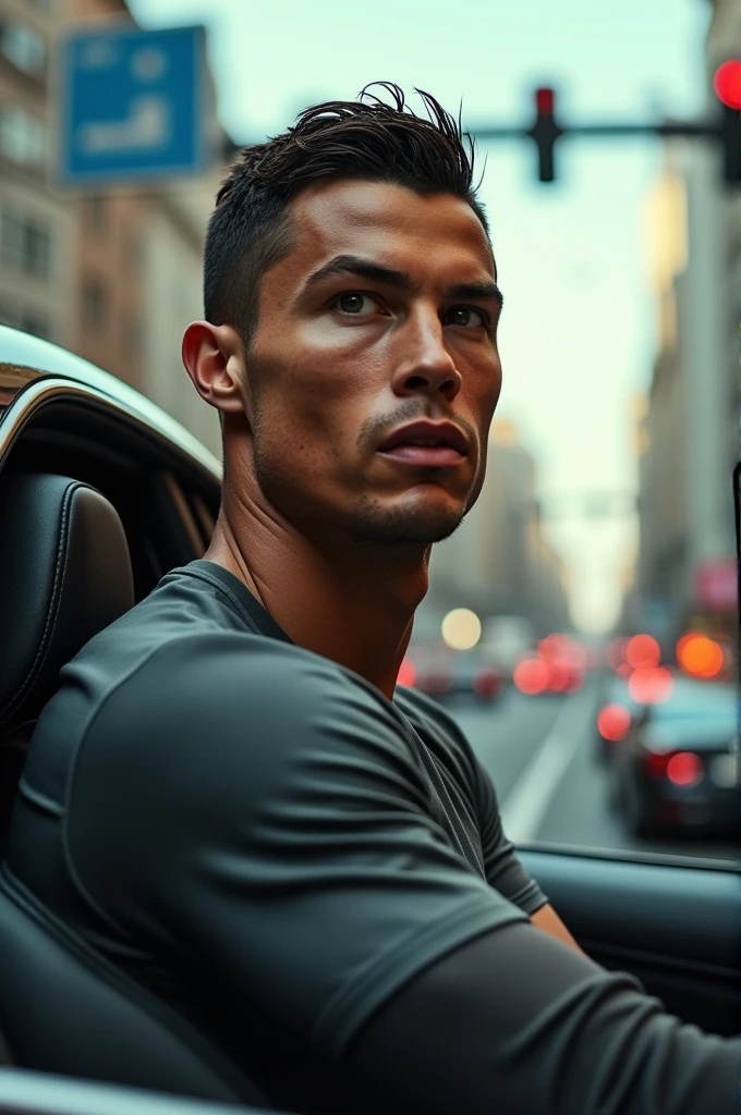 Cristiano Ronaldo is travelling from the airport to the stadium.