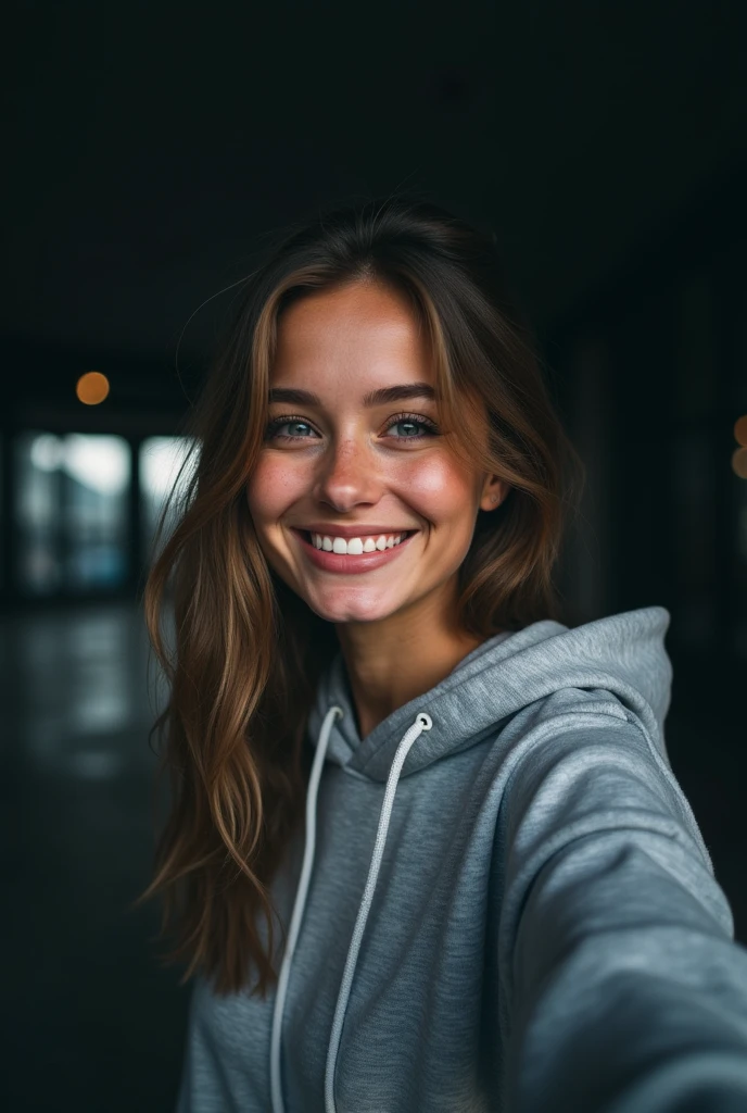 Selfie girl smile use greey hoodie on dark place
