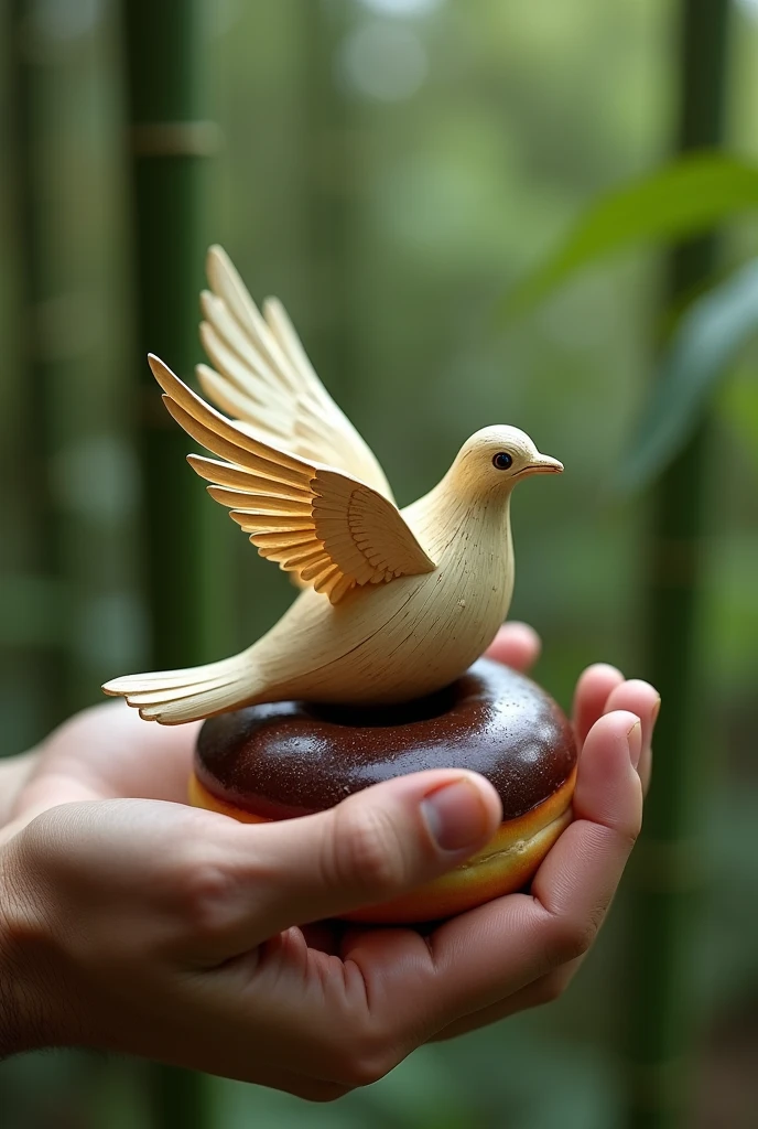 a small dove, but made entirely of bamboo, holding this dove is a tall and very strong person, and they are eating a donut with lots of chocolate 