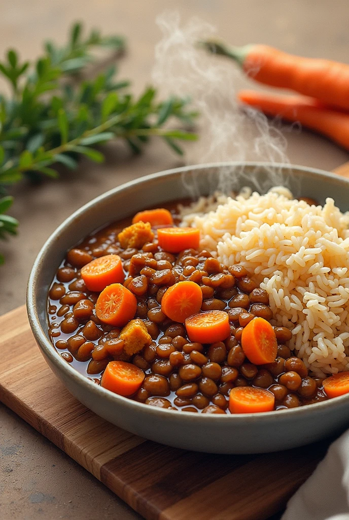 drawing of a lentil stew with carrots and a plate of brown rice