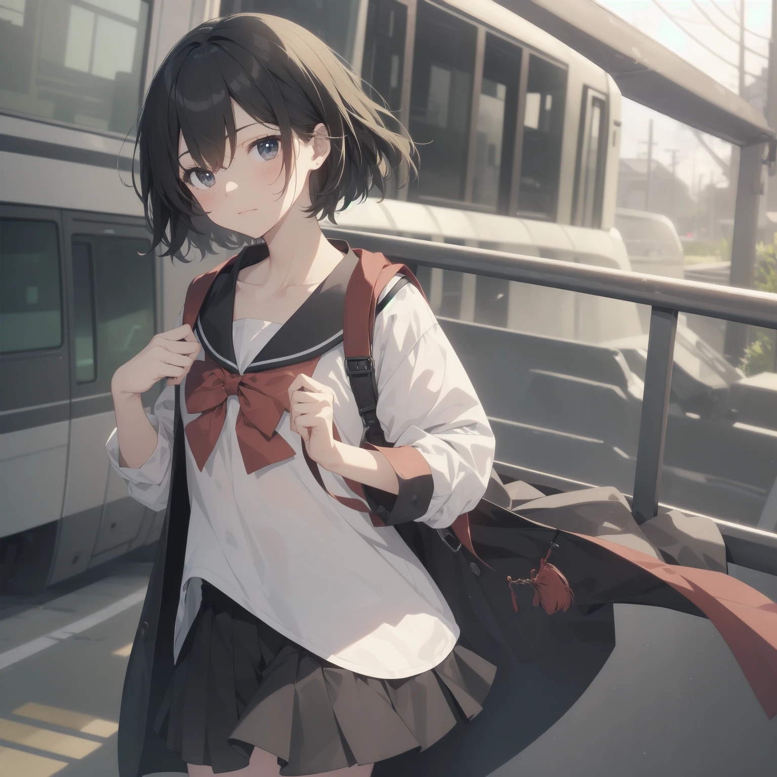 ultra-absurdres-Top quality by artist God, ultra-detailed, high resolution, anime moe artstyle, best anime 8k konachan wallpaper, pixiv contest winner, pool:2810, perfect anatomy,break, 1girl, (Please draw a girl walking sleepily to school alone. )break,(Solo,little female, 13-year-old:1.3),Full limbs, complete fingers,a junior high school student, (very short hair), short cut, flat chest, , small butt, small black eyes, beautiful detailed eyes, well-proportioned iris and pupils, expressive eyes, highres detailed hair, soft expression, salor school_uniform, sailor collar, serahuku, bow, pleated skirt,(Detailed Lighting), (Detailed background), in the School commute route. break,super detailed skin, Best cinematic lighting powered by famous artist, 8k,beauty illustration,photoshop_(medium),very aesthetic,break,((artist:creayus )), artist:clamp ,artist:carnelian ,artist:kantoku ,