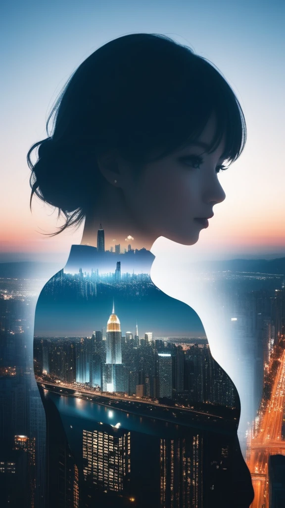Double Exposure Style,a city skyline on the woman face,double image ghost effect,image combination,double exposure style,1girl,, (masterpiece,best quality,ultra-detailed,very aesthetic, absurdres)