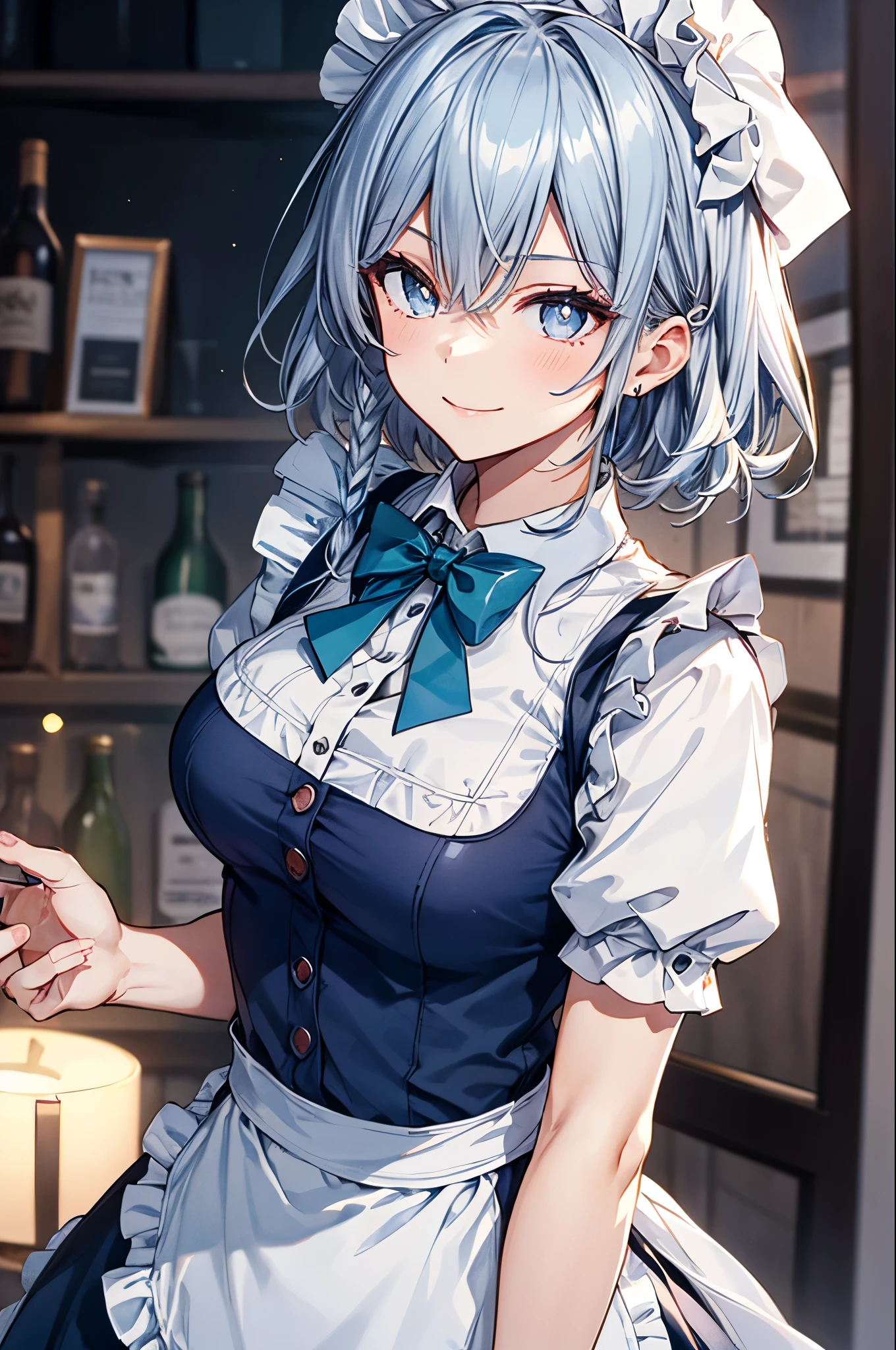 1girl,light smile, solo, touhou, izayoi sakuya, medium breasts, maid, white shirt, puffy short sleeves, frills,Sommelier Apron, maid headdress, blue dress, green bowtie,masterpiece,Noise Reduction,perfect anatomy,high resolution, ultra-detailed, ultra-detailed face,game cg,dutch angle ,beautiful detailed eyes,visualart,five fingers, perfect hands, perfect lighting, sparkling pupils,