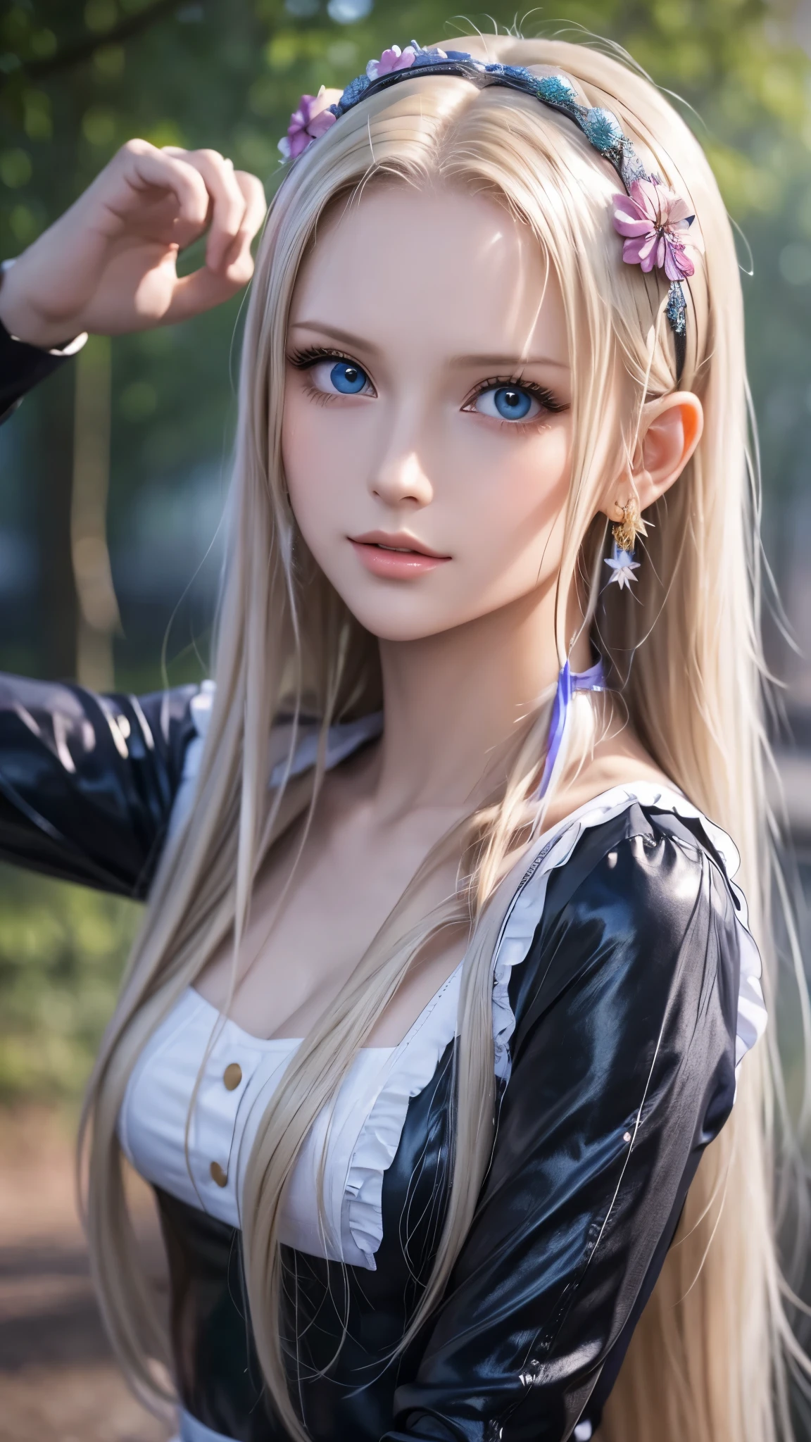 Super long Super long Straight Platinum blonde Silky hair、masterpiece、Highest quality、High resolution、Highly detailed photos、Professional Lighting、(((topless)))、Bangs between the eyes、Hair above the eyes、片Hair above the eyes、Mid-face hair、Strike a Pose、Sexy maid in the magical forest、The frilly apron must be worn on the lower body only、Portraiture、Bright expression、Young and shiny white glossy skin、Best Looks、Blonde reflection、Platinum blonde hair with dazzling highlights、Bright shiny hair,、Super long straight hair、Shiny beautiful bangs、Sparkling, clear, attractive big blue eyes、A very beautiful, adorable and cute 15 year old girl.、Bust of a Rich Man、ponytail、Cowboy Shot、Photorealistic