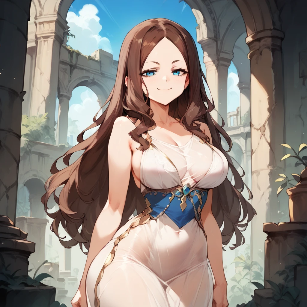 (((masterpiece, ultra-detailed))), nsfw, white backless dress, ((translucent clothing)), standing,1Girl ,blue eyes, long hair, brown hair, forehead, sidelocks, Young Adult, big butt, big breasts, small waist, Smug, ruins