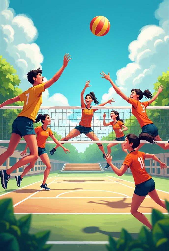 Create an image with volleyball theme background with a calender of year 2025 size of an A5 paper in landscape with people playing