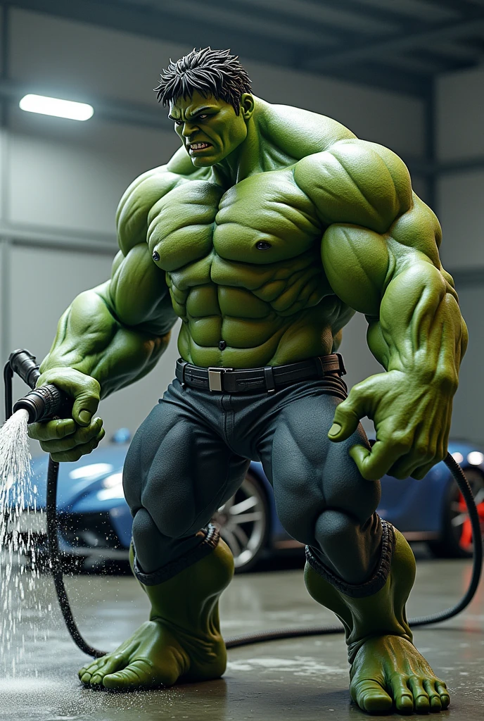 Hulk with hose in hand squirting water, automobile, realisitic, 4K