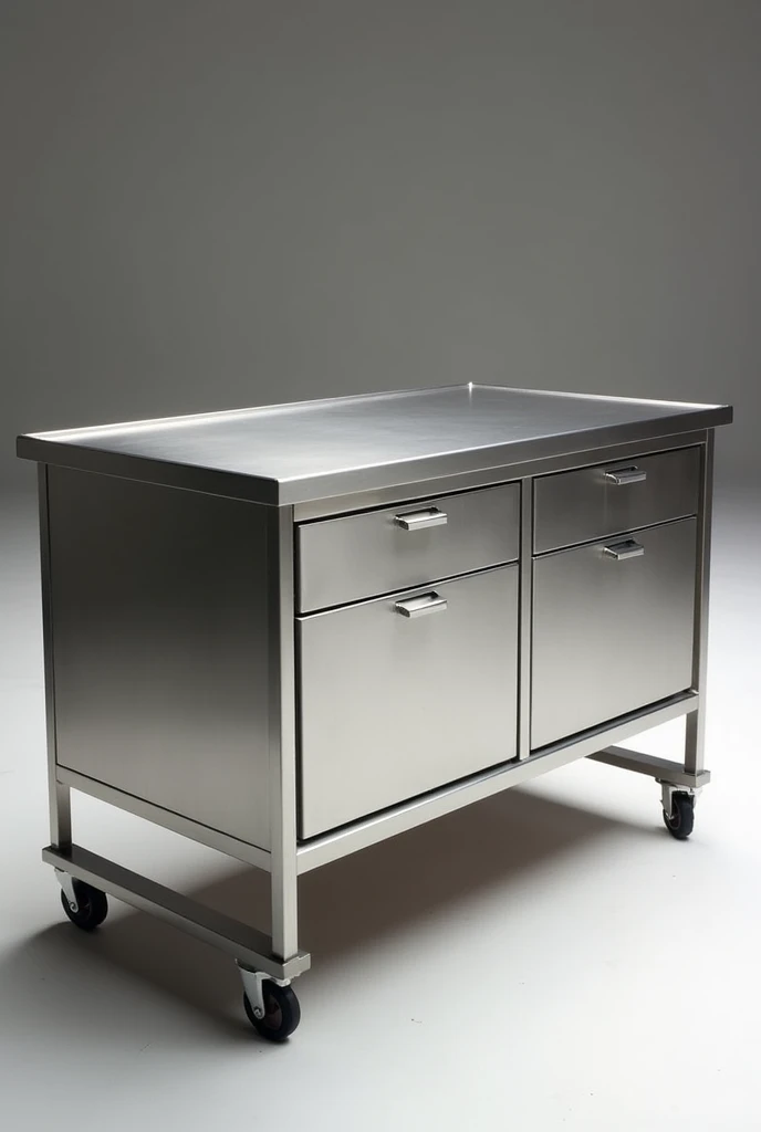 A stainless steel table with two drawers that use the entire length of the table. The table should have wheels