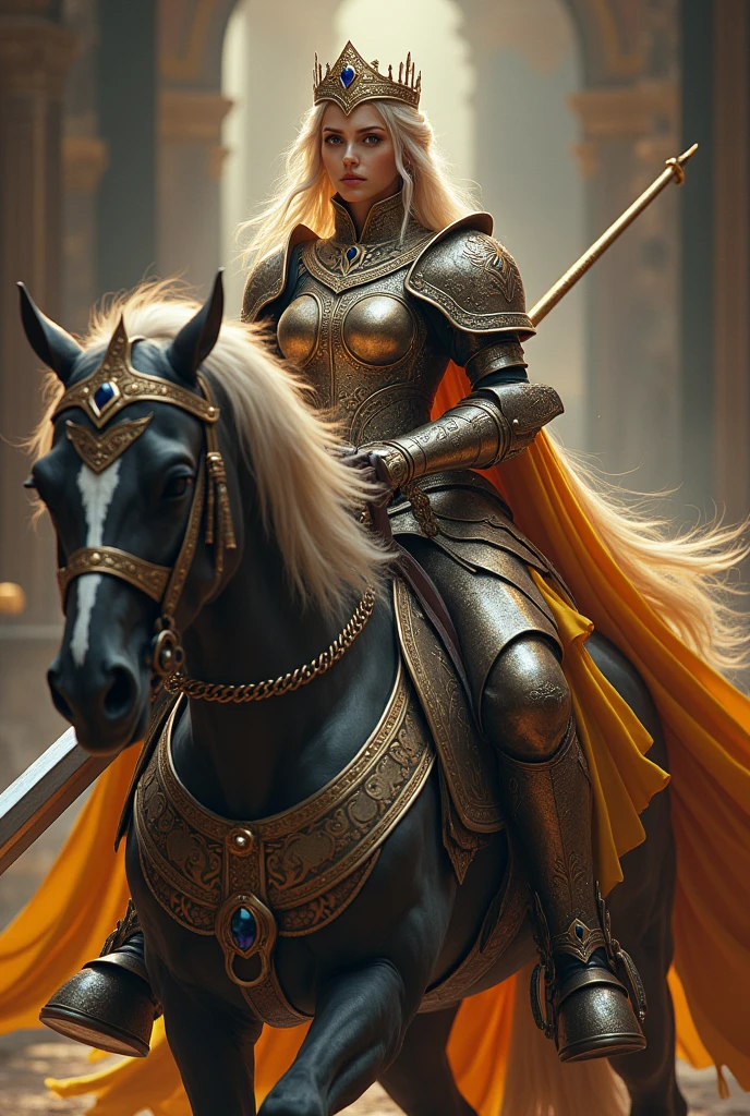 In the image, a white woman with long, flowing blonde hair wears ornate plate armor and gauntlet with silver and gold arabesque trim. On her head, a gold tiara with a large sapphire. She is mounted on a majestic white horse, both adorned in armor. The woman holds a extra long flanberge, exuding elegance and strength. Dramatic lighting highlights the opulence of the scene, with a regal background enhancing the grandeur. extreme wide shot, the whole halberd in frame.