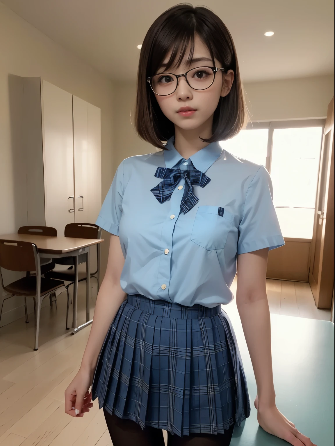 (8k、生photograph、 Highest quality、masterpiece:1.2)、(Bobcut)、(Small eyes)、((Black hose))、((Small breasall breasts)、(Smasts)、(Cutting bHalf an eye))、((Sleepy eyes))、((Squint your eyes))、(Round Glasses)、Droopy eyes、One person、cute、JK、high school girl、Japanese women、(Are standing)、(PhotoReactive:1.37)、Photon Mapping、Real、(Very delicate face)、round face、cute小さな顔、Brown eyes、(Red bow tie)、Radio City、Physically Based Rendering、Prospect、Character boundary depth、Blurred Background、photograph、、body、Beautiful feet、Long legs、Thin legs、(前hairが見える)、hair、lips、Blue_The目、Soft Nose、(Light blue shirt)、(Navy, blue and white plaid pleated skirt)、High school uniforms、See-through clothing、Thighs、black cotton socks、Nogizaka Idol、Japanese Idol