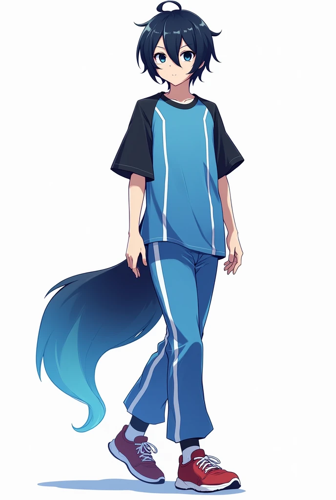 He has black and indigo hair。He has short straight hair with no bangs。His eyes are slightly upturned、Blue eyes。He is wearing a slightly loose jersey。The jersey is blue on the torso、White lines are drawn symmetrically on both sides。He has a black line on his shoulder、It changes to a white line on the sleeve。He has black sleeves。He is wearing a plain white T-shirt with a blue collar inside。The pants are made of jersey material、He has a white line running from his waist to the hem。He is wearing red sneakers。He has a mole on his right eye。He has a soft animal-like tail accessory that is a white to blue gradient on his left hip。Anime Style。