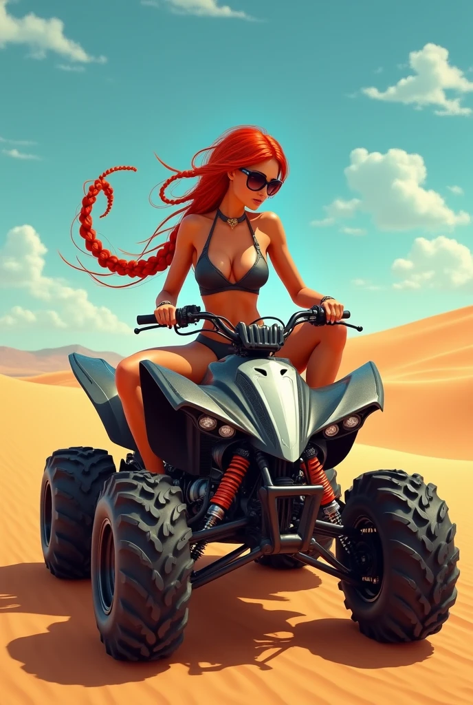 Une femme rousse sexy, coiffée d'une longue tresse, pose avec assurance sur un quad dans le désert. Ses cheveux flamboyants, tressés avec soin, tombent élégamment sur une épaule, contrastant magnifiquement avec l’aridité du paysage désertique. Elle porte une tenue audacieuse et séduisante, un haut court et un short ajusté qui met en valeur ses courbes sculpturales et laisse deviner une peau légèrement bronzée par le soleil. Assise sur le quad, une main posée fermement sur le guidon et l'autre reposant sur sa cuisse, elle dégage une impression de puissance et de liberté. Ses jambes, musclées et bronzées, sont mises en valeur par la position qu’elle adopte, accentuant son allure athlétique et sexy. Ses yeux, protégés par des lunettes de soleil élégantes, fixent l'horizon ou l'objectif avec une expression de défi et de confiance. Le désert autour d'elle est vaste, avec des dunes de sable doré s'étendant à perte de vue sous un ciel bleu éclatant