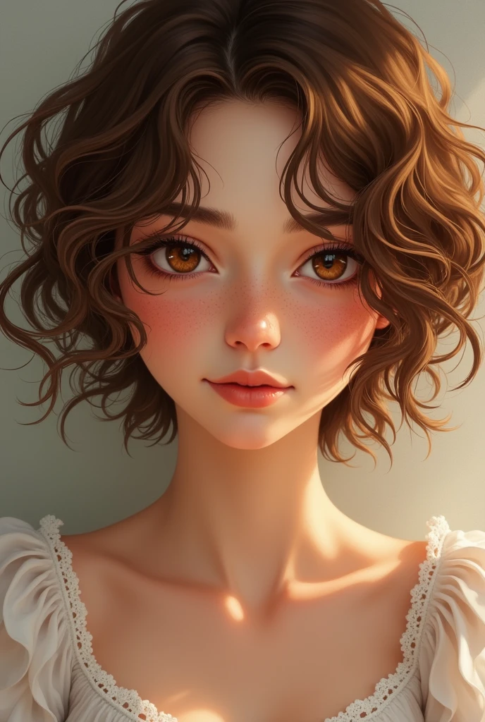 A woman with short curly hair, brown eyes and freckles