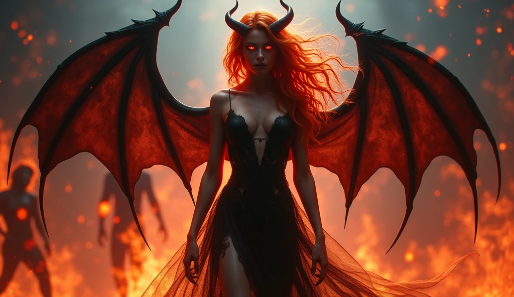 A seductive female demon with glowing red eyes and fiery hair, standing in a dark, shadowy inferno. Her body is partially covered in black smoke, and her wings are bat-like with ember trails. The background is filled with swirling flames and dark silhouettes, all in a Dark Electro style.