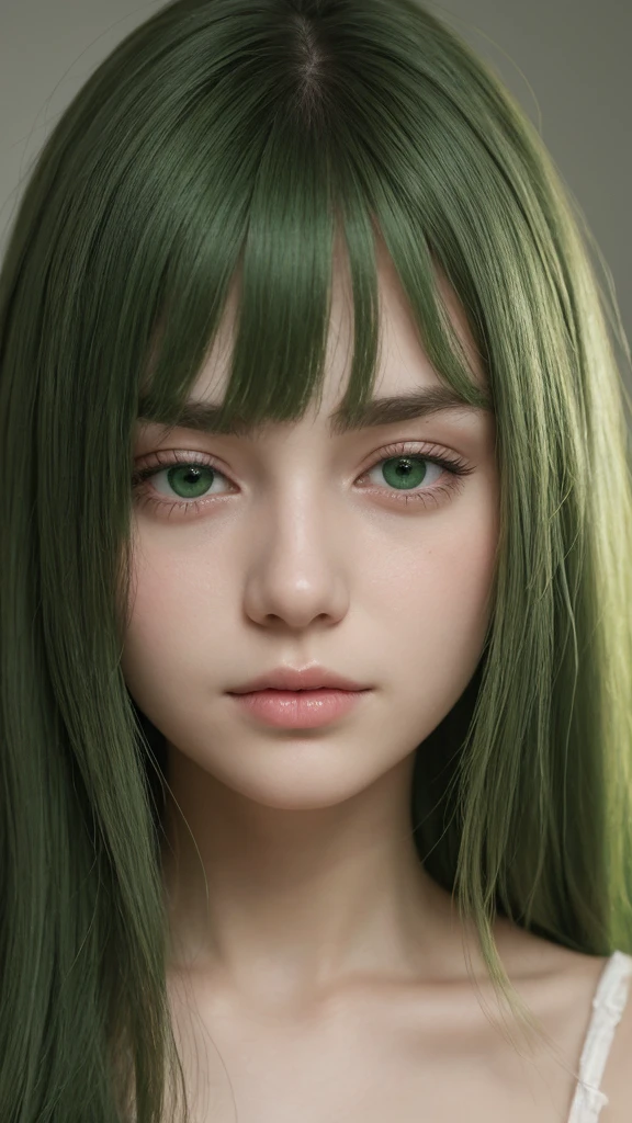 a girl. european. oval face. delicate features. long face. gentle features. half-closed eyes. green eyes. long, straight, and very thick hair. green hair. sad. shy. scared