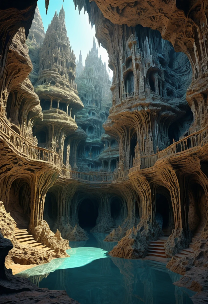 there are many inverted cavities (different rooms, united by mandelbulb projections that form passages) in the middle of an underground canyon that forms a mandelbulb mud village at different heights with many balconies and stalactites and stalactites, fantasy architecture, Highly detailed 4K digital art, beautiful detailed fantasy, stunning fantasy landscape, detailed fantasy digital art, arstation and high beep, fantasy style 8k octane rendering, stuning fantasy 3d rendering, Detailed fantasy in 4K, fantasy 3d rendering, 3D rendering beep, deep and massive desert landscape, stalacmite cave labyrinth type very confusing geonosis bubbes