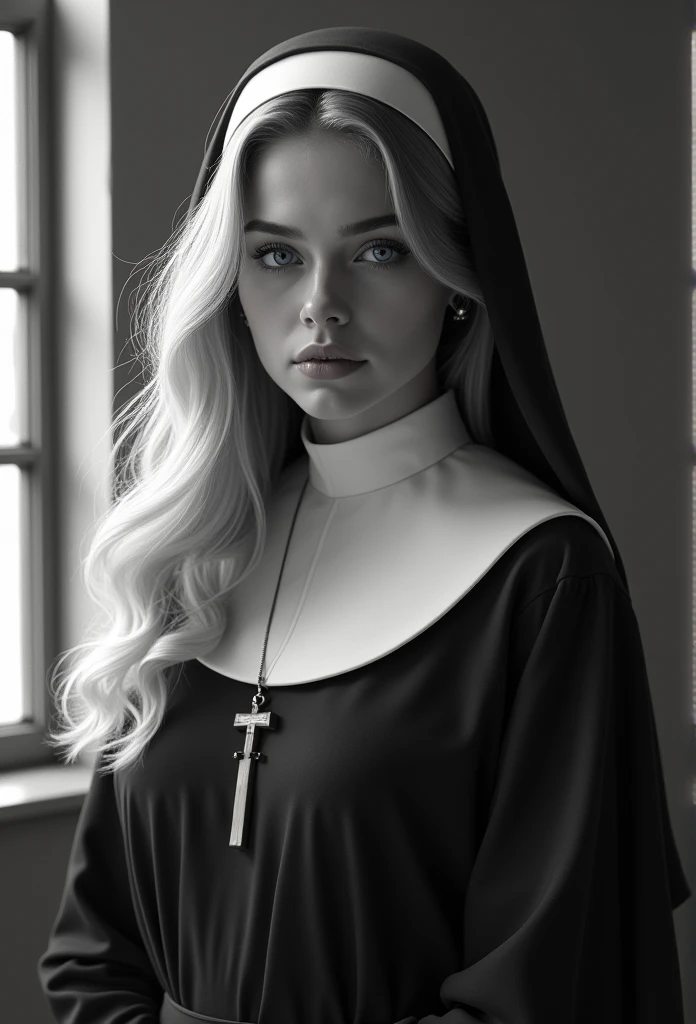 A beautiful blonde nun wearing a cross necklace in grayscale, Age 25, Open the window, Quite soft makeup, blue eyes, Press the wooden window