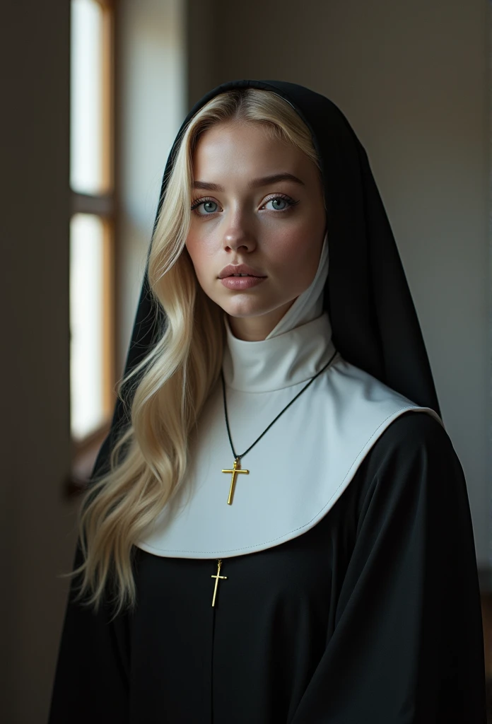 A beautiful blonde nun wearing a cross necklace in grayscale, Age 25, Open the window,  Quite soft makeup, blue eyes, Press the wooden window