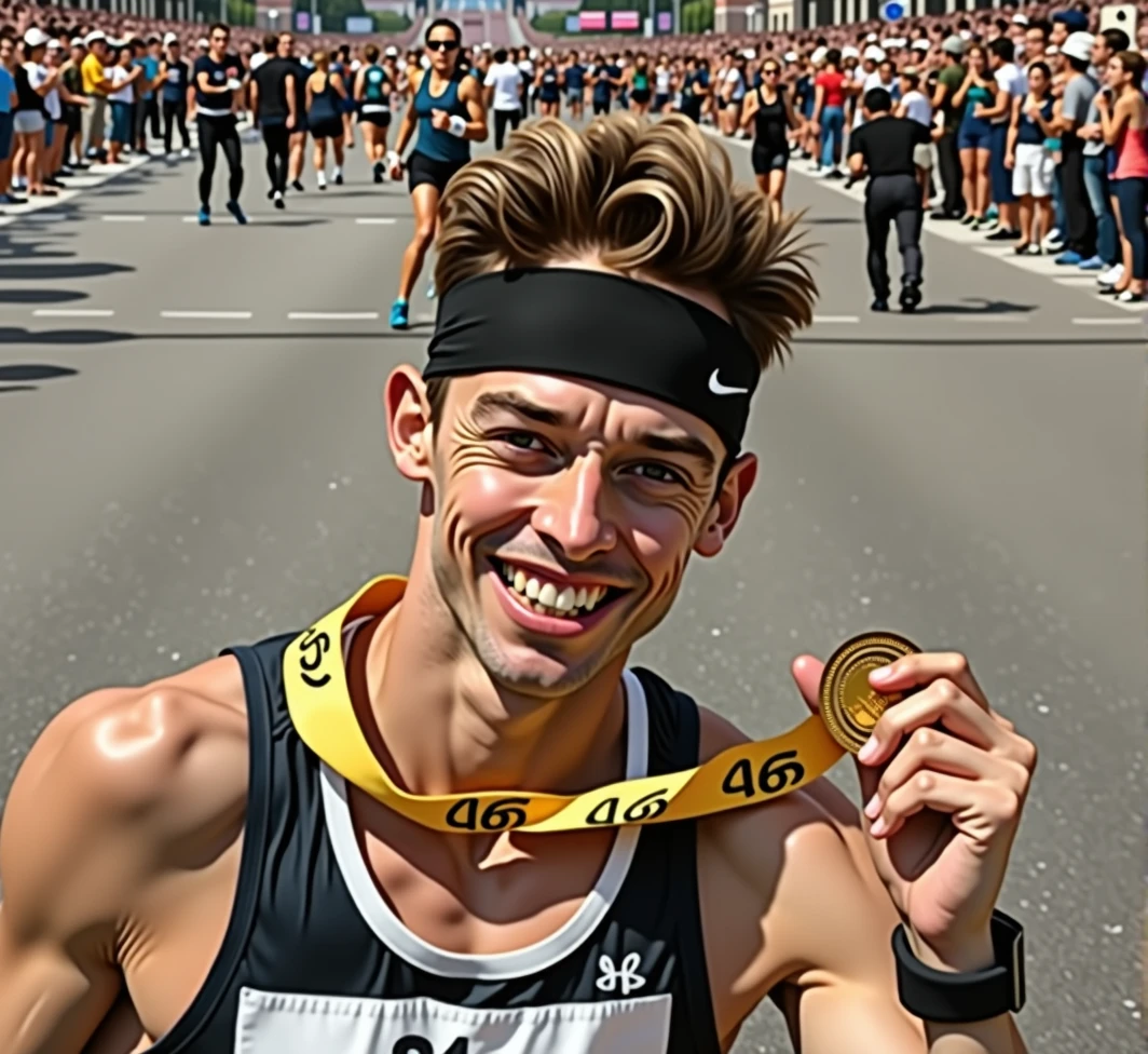 A high-quality photo holding a marathon gold medal, during the daytime, are in mid-stride, with expressions of focus and determination. sunlight dapples the ground, creating dynamic shadows. The scene is lively with spectators cheering from the sidelines, and the overall atmosphere is energetic and celebratory.