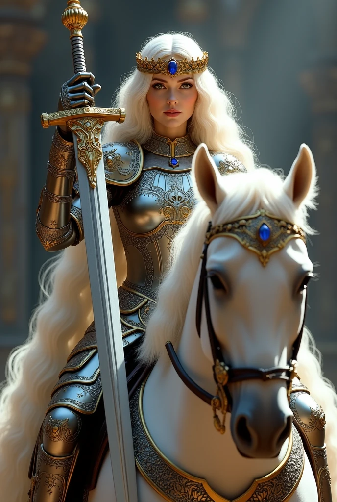 In the image, a white woman with long, flowing blonde hair wears ornate plate armor and gauntlet with silver and gold arabesque trim. On her head, a gold tiara with a large sapphire. She is mounted on a majestic white horse, both adorned in armor. The woman holds a extra long flanberge, exuding elegance and strength. Dramatic lighting highlights the opulence of the scene, with a regal background enhancing the grandeur. extreme wide shot, the whole halberd in frame.