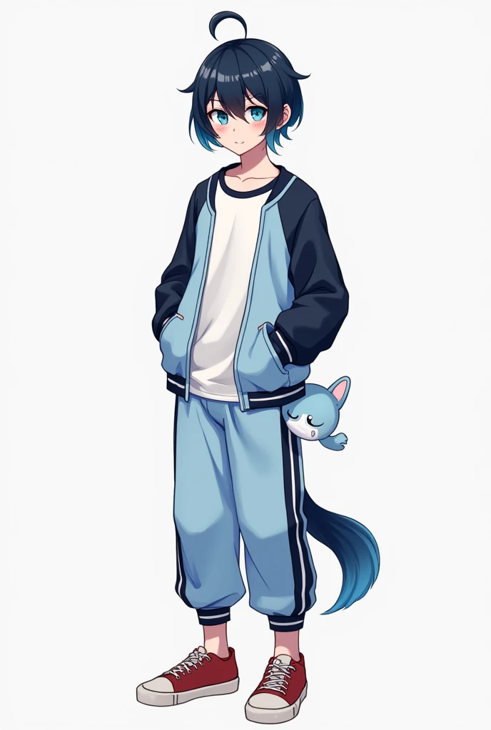 He has hair that is black and indigo。He has straight short hair with no bangs。He has slightly upturned eyes and blue eyes。He is wearing a slightly loose jersey。The jersey is blue on the torso with white lines drawn symmetrically。There is a black line on the shoulder that changes to a white line on the sleeve。He has black sleeves。He is wearing a plain white T-shirt with a blue collar as an inner layer。The pants are jersey pants with white lines running from the waist to the hem。He wears red sneakers。He has a tear mole on his right eye。He is wearing a white to blue gradient soft animal-like tail accessory on his left hip。Anime Style。He gives off a vibe of a good young man.。