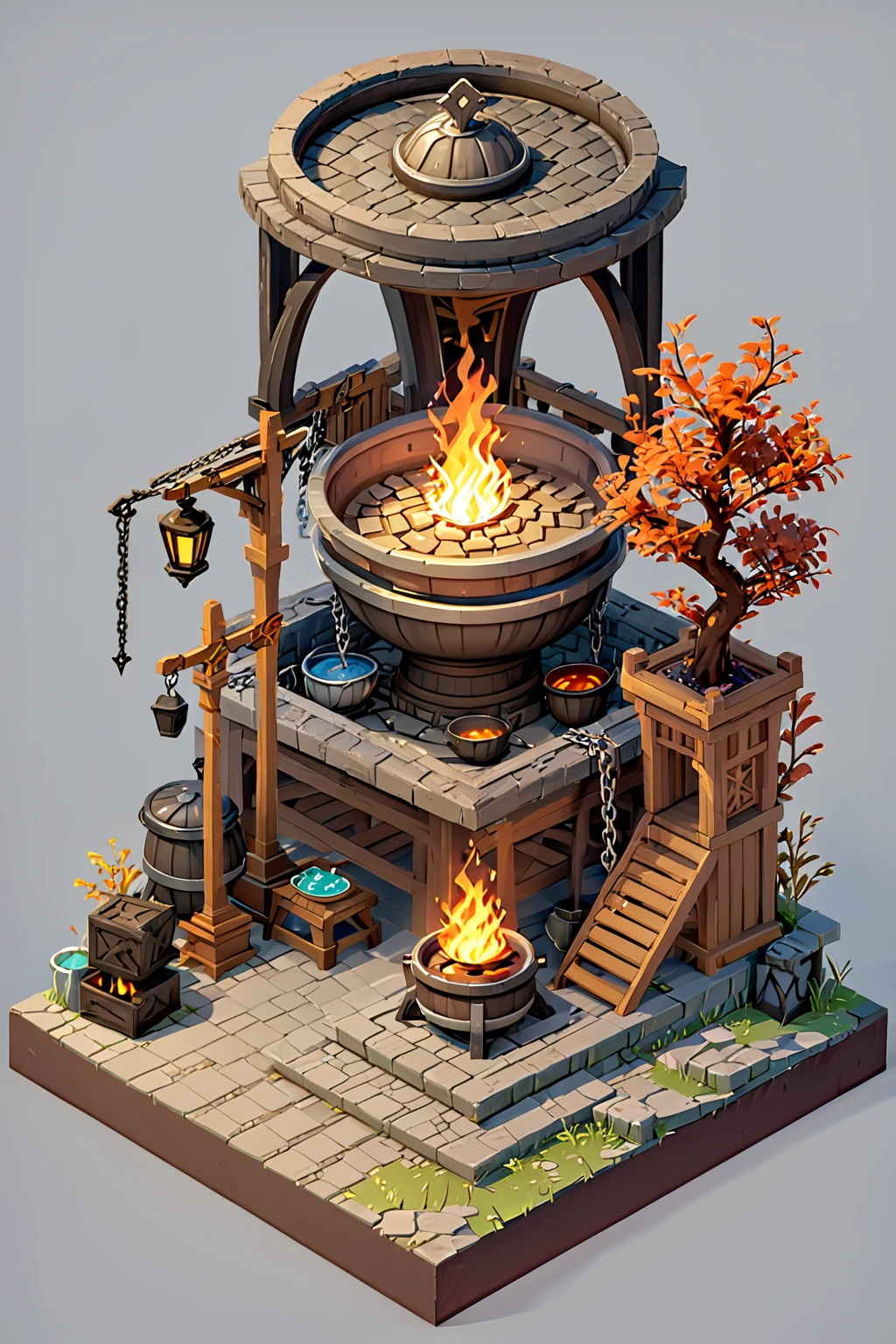 a close up of a fire pit with pots and a chain, iron smelting pits, sacrificial altar, ingame image, cauldrons, immortality fountain, bubbling cauldron, game asset occult, holy flame crown spell, game icon asset, isometric game asset, magical cauldron, bubbling cauldron!, unknown, game asset