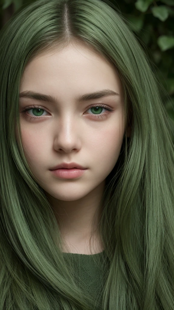 a girl. european. oval face. delicate features. long face. gentle features. half-closed eyes. green eyes. long, straight, and very thick hair. green hair. sad. shy. scared