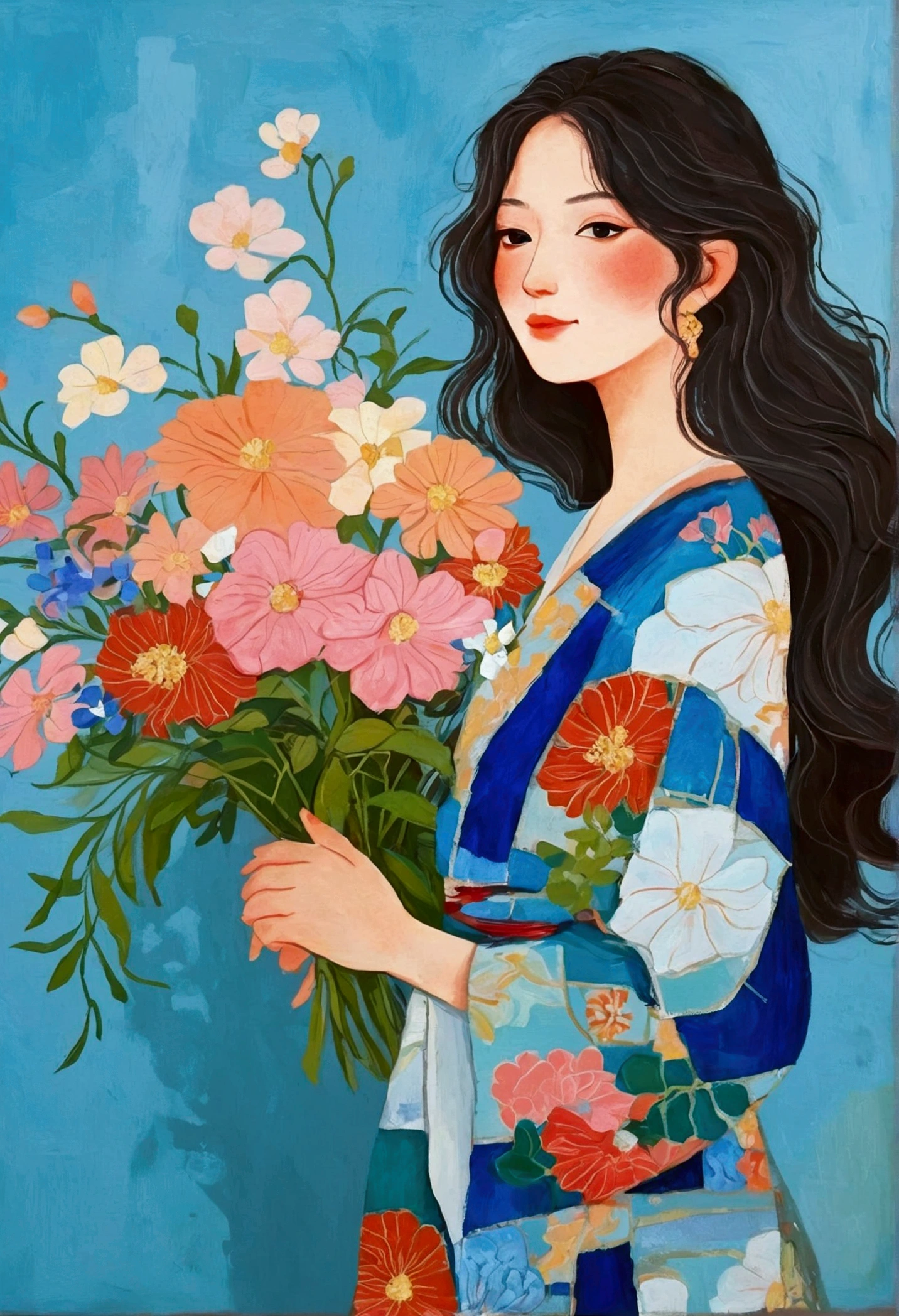 A painting,A graceful woman in the painting holds a large bouquet of flowers, Long wavy hair,Beautiful face,Se Kin-Kong(Kose Kanaoka)Minimalism, Popular trends on pixabay, Cloisonnism,Holding flowers, With blue background, Bring flowers, Flowers grow from the body, A long robe made of blue patchwork fabric