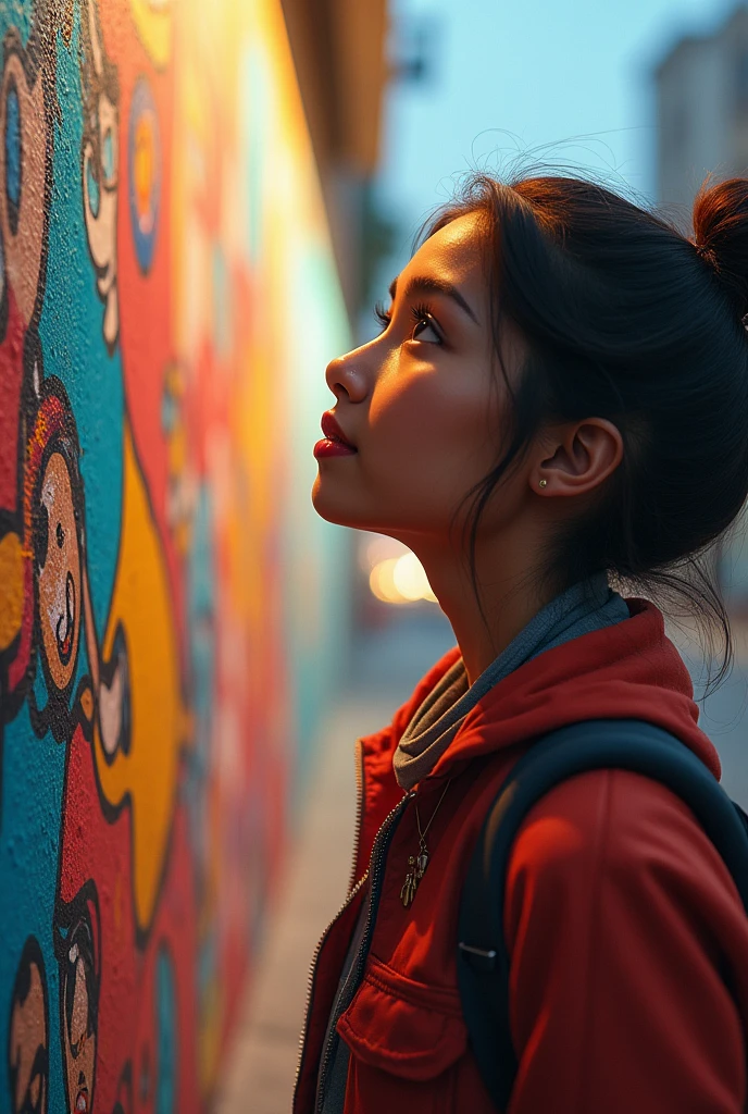 Mousumi looking at her mural proudly, with an expression of determination and a vision of new possibilities.