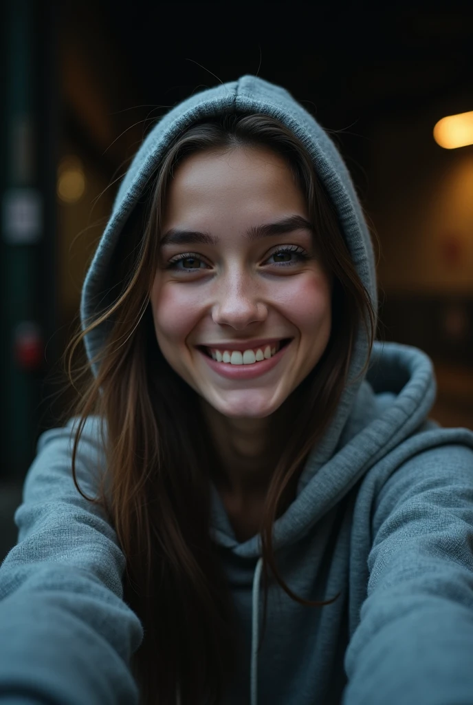Selfie girl smile use greey hoodie on dark place