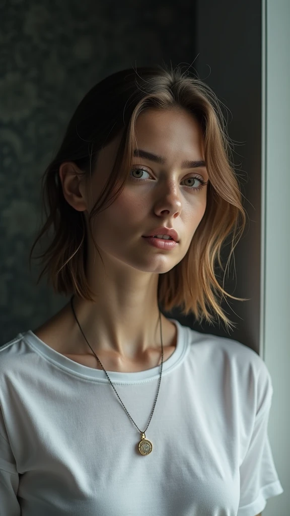 (chef-d&#39;œuvre, Photoréaliste:1.4, extrêmement complexe:1.3, radiosité, cartographie des photons, dtx, 8k), ((((collier gros plan, t-shirt blanc, humide,  [détail de la peau:taches de rousseur:0.7], naturel, mannequin adolescente de 19 ans), Pièce sombre, ((douche en pierre, douche en verre, faire le ménage)))
