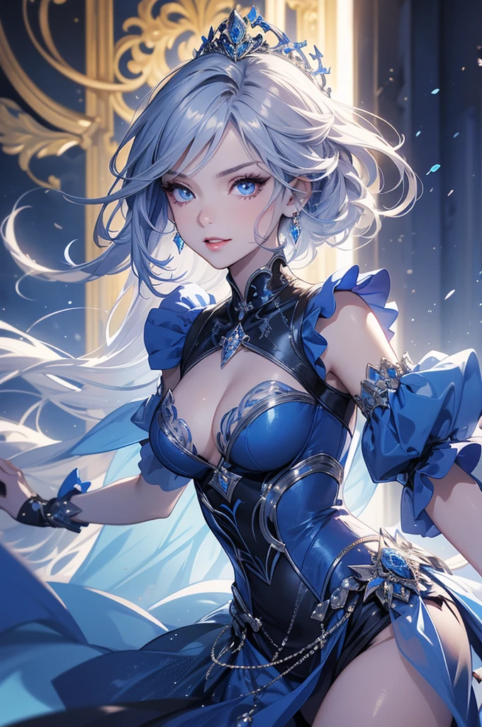 masterpiece,best quality,extremely detailed CG,ultra-detailed,1woman,demon queen,angry smile,beautiful lite blue eyes,elaborately designed blue colored dress,open stance,dynamic pose,strong light,fancy makeup,blue colored lips,jewelry and accessories,tiara,short silver hair,
