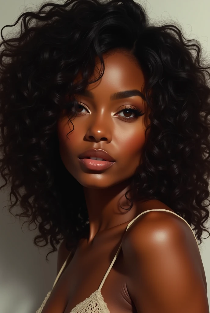 A woman with curly hair, brown eyes and dark complexion
