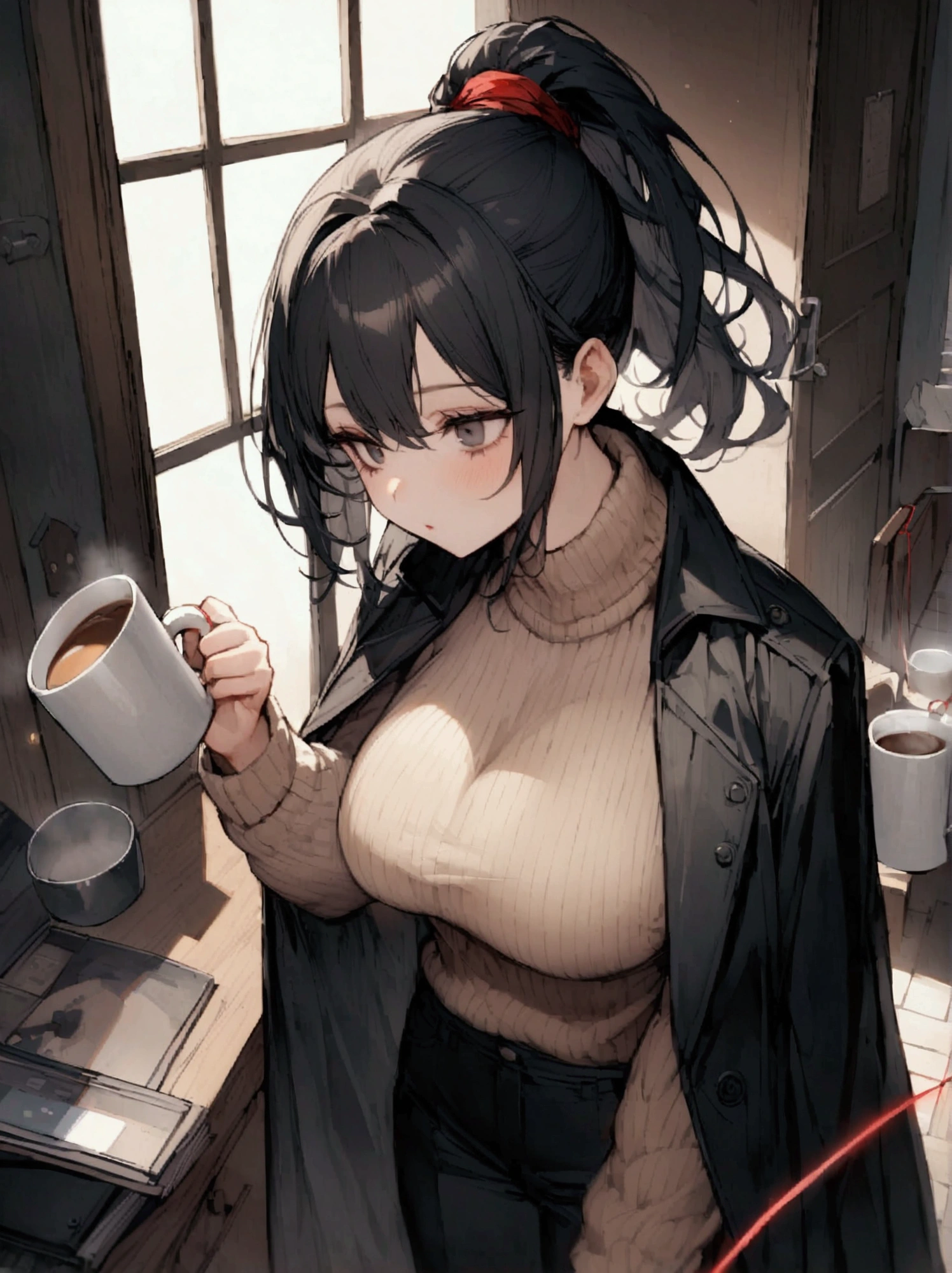 Black hair ponytail、Her ponytail is tied with a red string、A black coat simply worn over the shoulders、Beige knitted sweater、Black trousers、I have dark circles under my eyes from lack of sleep.、A woman with a breast size of E cup、Coffee in a mug in the right hand