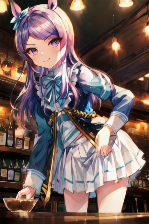 (4k), depth of field, (Masterpiece), extremely detailed, intricate, hyper detailed, professional photography, bokeh, high resolution, sharp detail, best quality, girl, (petite), inviting smile, ((in a bar, tavern)), dim, cowboy pose, leaning forward, ((table ware, meat, food)), looking at viewer, facing forward, night, kousaka kirino, hair clip, hair ornament, 