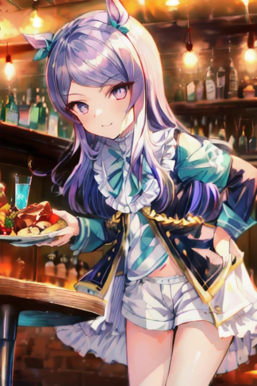 (4k), depth of field, (Masterpiece), extremely detailed, intricate, hyper detailed, professional photography, bokeh, high resolution, sharp detail, best quality, girl, (petite), inviting smile, ((in a bar, tavern)), dim, cowboy pose, leaning forward, ((table ware, meat, food)), looking at viewer, facing forward, night, kousaka kirino, hair clip, hair ornament, 