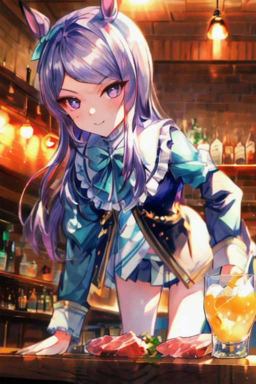 (4k), depth of field, (Masterpiece), extremely detailed, intricate, hyper detailed, professional photography, bokeh, high resolution, sharp detail, best quality, girl, (petite), inviting smile, ((in a bar, tavern)), dim, cowboy pose, leaning forward, ((table ware, meat, food)), looking at viewer, facing forward, night, kousaka kirino, hair clip, hair ornament, 