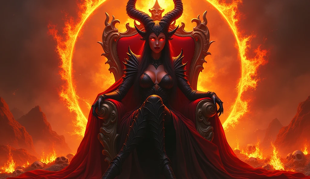 A powerful and alluring demoness sitting on a throne made of flames and shadows, surrounded by burning skulls and smoldering embers. Her skin is a deep crimson, and she wears dark, intricate armor that blends with the fire. The atmosphere is intense, with a mix of dark and fiery hues.