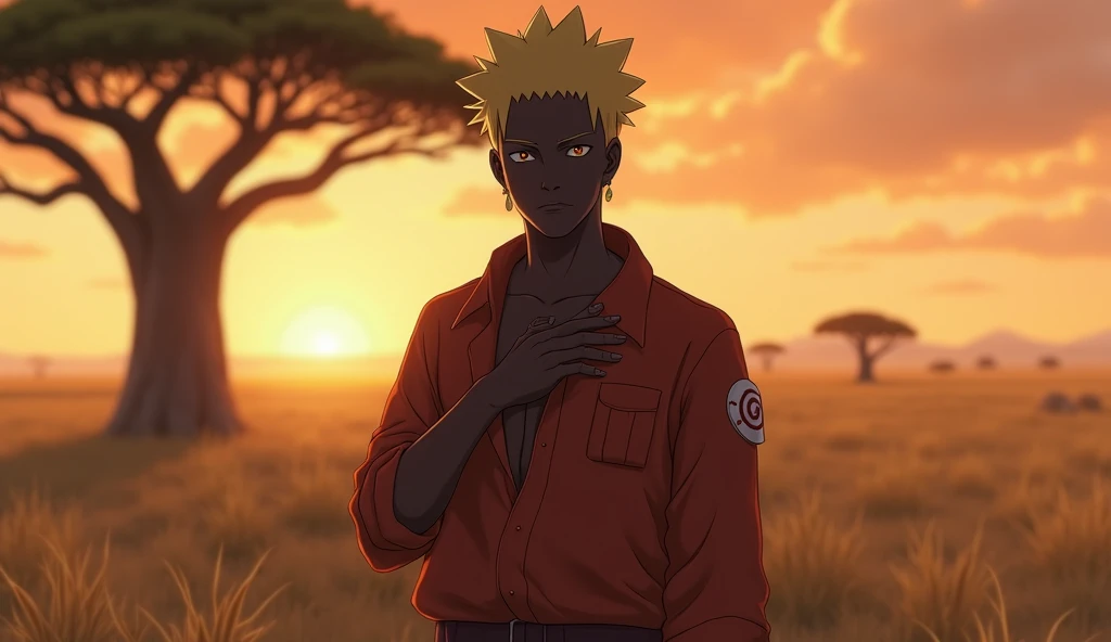 Realistic images of Naruto Uzumaki with black skin in a savanna setting, baobab, shirt with deep neckline, simple African style background, darkskin, sexy fishnet panty, covering the nipples with your hands,image with depth centrality