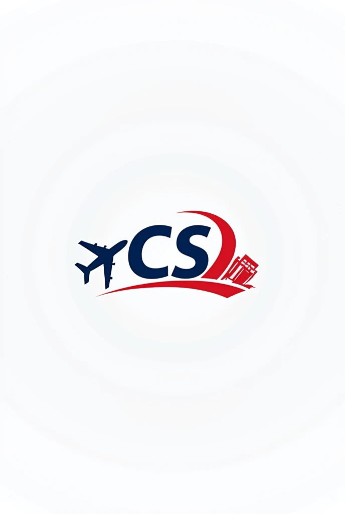 Logo of an import and export company named CS Importadora e Exportadora de Manufaturados ltda. with blue and red colors, adding elements of international air transport modalities, road and maritime.