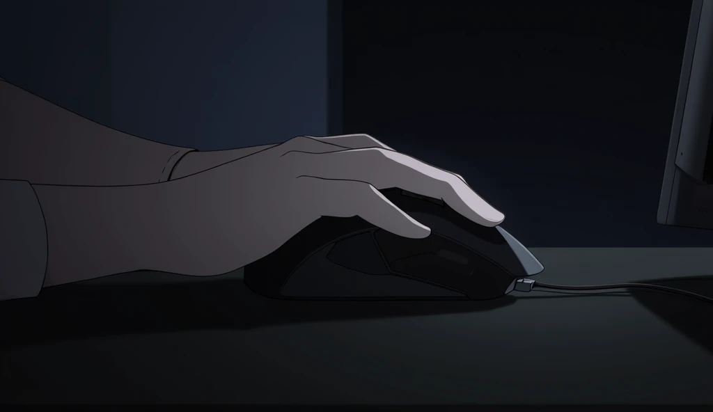 Close-up of a hand operating a mouse,Girl's hands,White skin,No sleeves,Pale white light,Dark Room,Anime Style,animation,Japanese anime,High resolution,