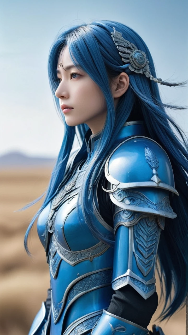 front_View, masterpiece, Highest quality, Realistic, RAW Photos, (One person, looking at Viewer), Long Blue Hair, Machine's blue armor, Elaborate armor, Delicate blue work, Intricate workmanship, blue metal parts, Details, Dynamic pose, Prairie background, Dynamic Lighting,