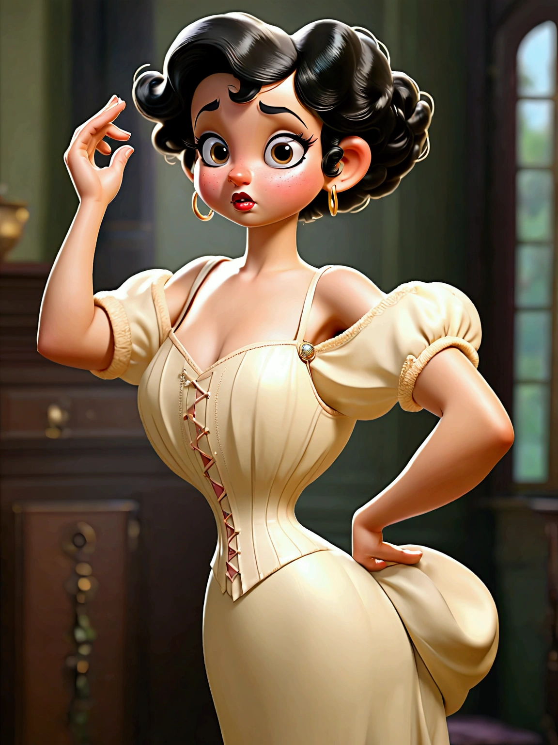 (masterpiece), (realistic), (((NSFW))). (ultra hd 8k), (realistic body proportions). Betty Boop as a **** teenage Gibson Girl wearing her Edwardian lingerie. Year 1906. Strapless bullet brassiere, S-bend corset, high-waisted crotchless bloomers, silk stockings with garters at the tops, high-button boots. Long brunette updo. Large tits, 9-inch wasp waist, bubble butt. (((Bare arms. Full body))). Sexy pose. Before sexual tryst.