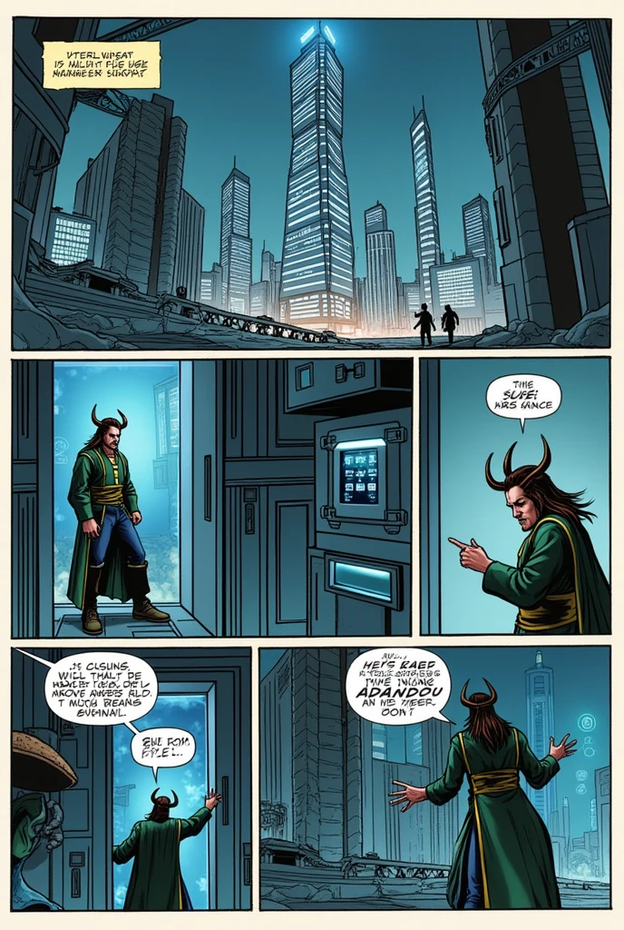 new Storyboard modern style comics books, Storyboard of luki Disguised as a low-level Asgardian technician, Loki slipped through the formidable defenses of Avengers Tower. His mission was as audacious as it was dangerous: steal a specific file from Iron Man's personal archives. A file that held the key to a potential Asgardian crisis.