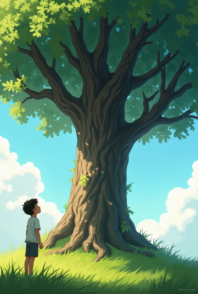 A boy looks at the tree