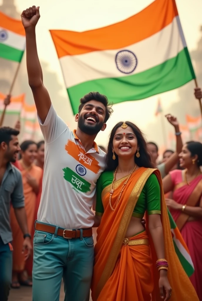 real young couple, Mabud and Sariya stand together, boy 20 years old and girl , joyfully celebrate Indian Independence Day. They are wearing indian outfits and Mabud name is written on boy's outfit and Sariya written on girl's outfit. Above them, in the sky, the words "Happy Independence Day" are displayed in a bold font. The backdrop is filled with people celebrating, enhancing the festive and patriotic spirit of the day.make sure text should be correct.